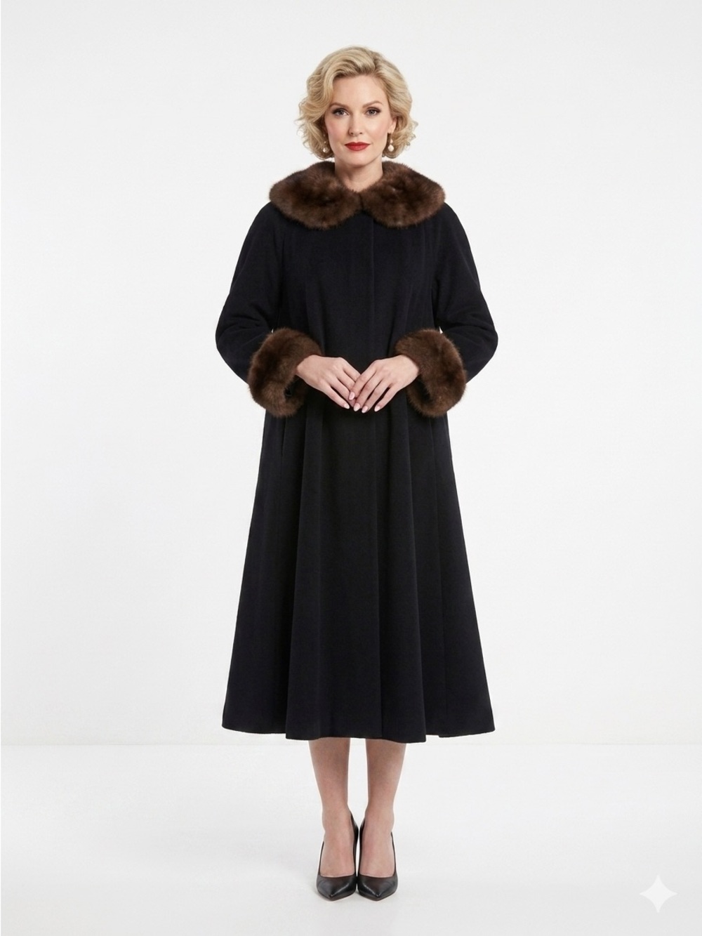 LOEHMANN’S Vintage Black Wool Swing Coat Brown Fur Collar Cuffs Size 4 $1200 EUC